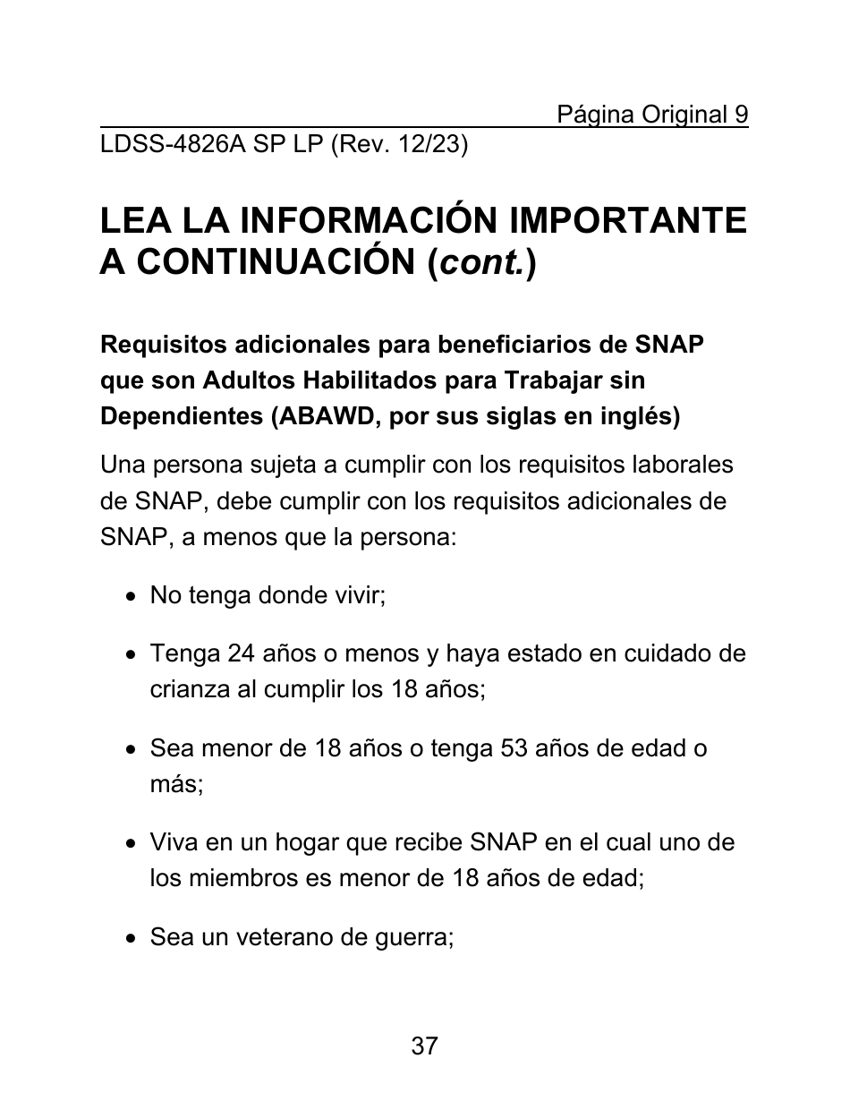 Instrucciones para Formulario LDSS-4826 LP Solicitud / Revalidacion Para El Programa De Asistencia Nutricional Suplementaria (Snap) - Letra Grande - New York (Spanish), Page 37