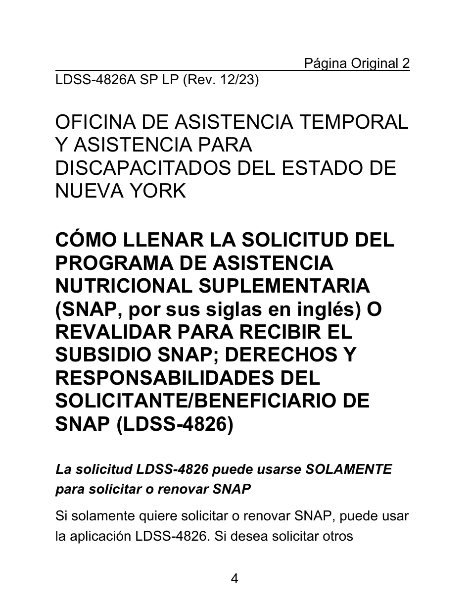 Instrucciones para Formulario LDSS-4826 LP Solicitud / Revalidacion Para El Programa De Asistencia Nutricional Suplementaria (Snap) - Letra Grande - New York (Spanish), Page 4