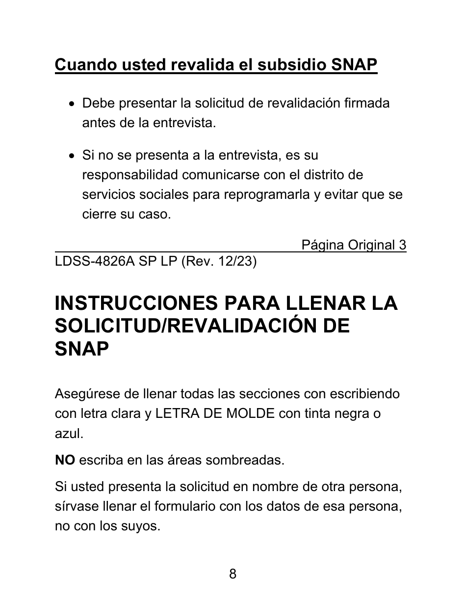 Instrucciones para Formulario LDSS-4826 LP Solicitud / Revalidacion Para El Programa De Asistencia Nutricional Suplementaria (Snap) - Letra Grande - New York (Spanish), Page 8