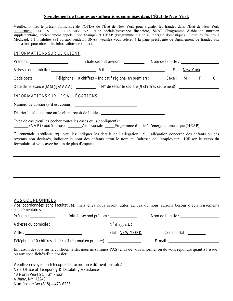 Welfare Fraud Reporting Form - New York (French), Page 1