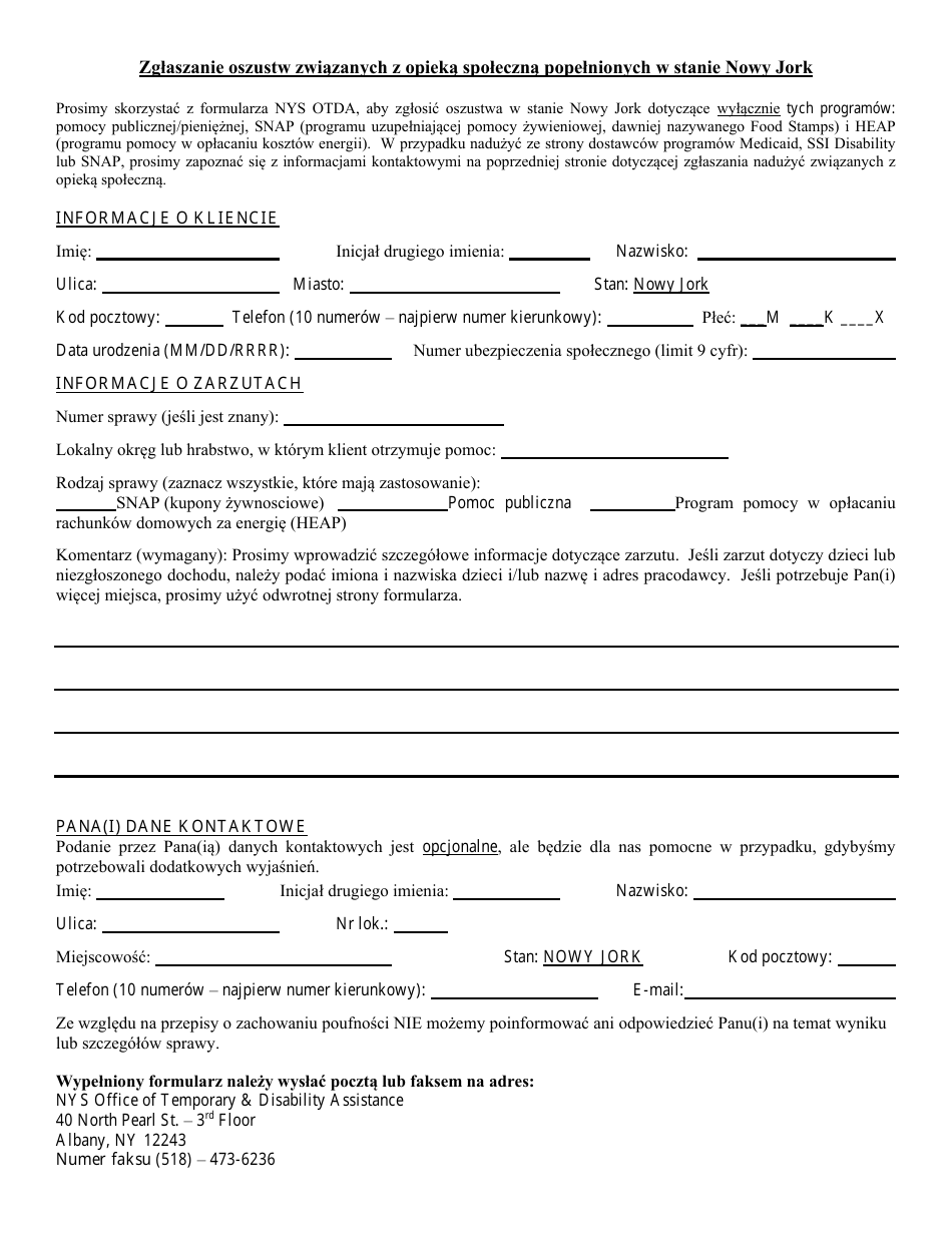 Welfare Fraud Reporting Form - New York (Polish), Page 1