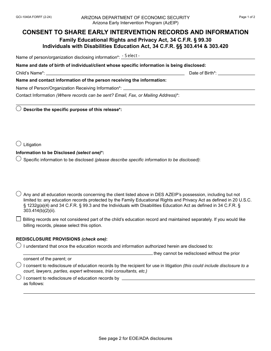 Form GCI-1040A Consent to Share Early Intervention Records and Information - Arizona, Page 1