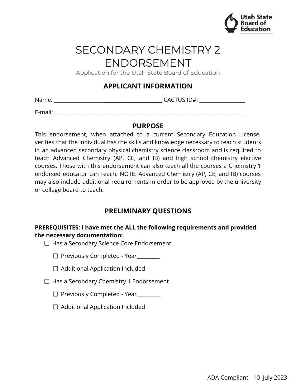 Secondary Chemistry 2 Endorsement Application - Utah, Page 1