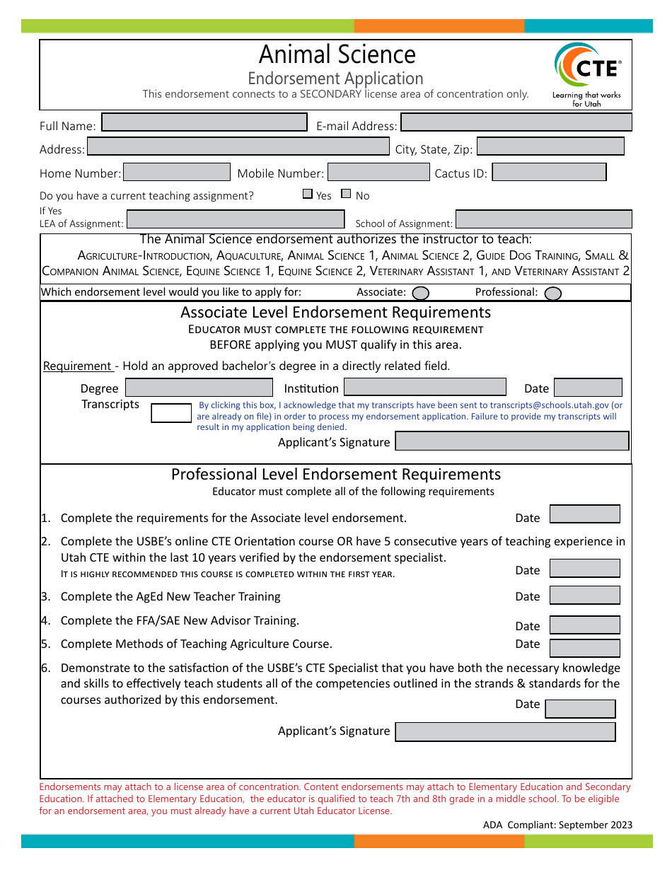 Animal Science Endorsement Application - Utah, Page 1