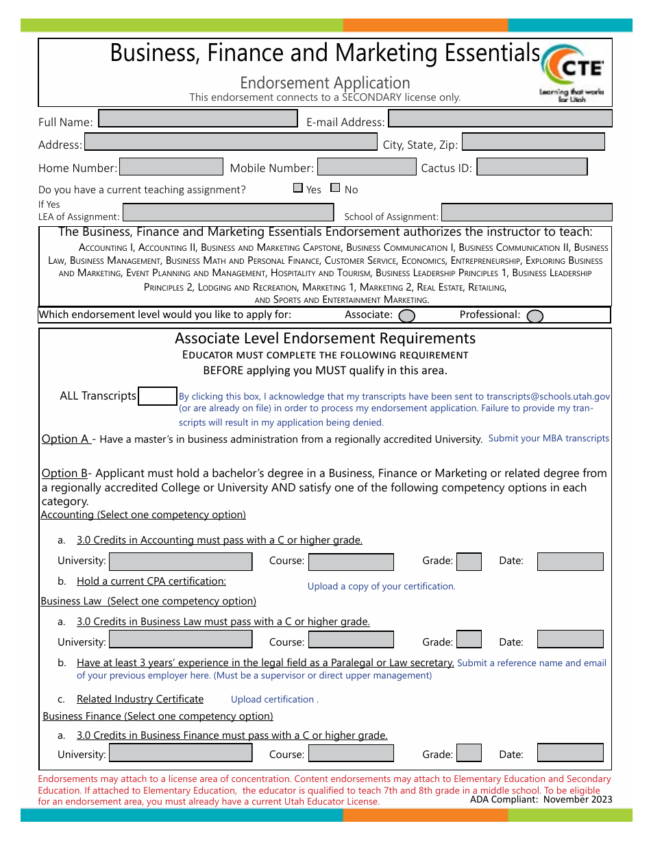 Business, Finance and Marketing Essentials Endorsement Application - Utah, Page 1