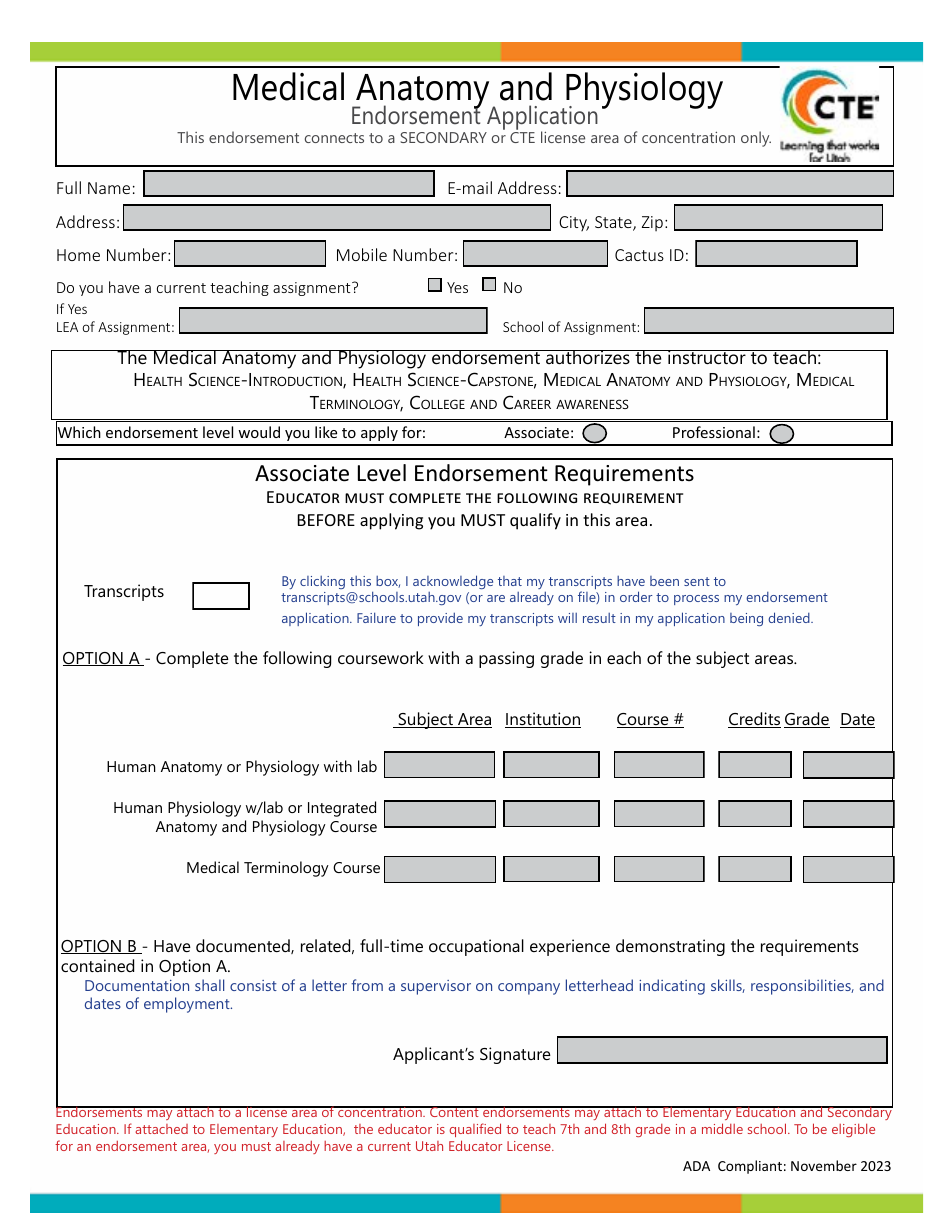 Medical Anatomy and Physiology Endorsement Application - Utah, Page 1