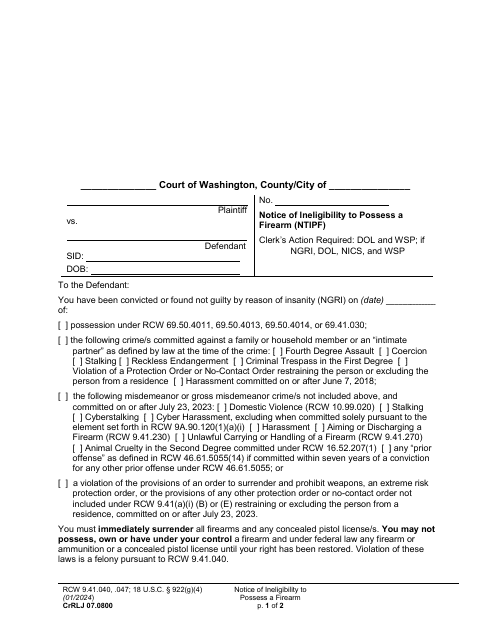 Form CrRLJ07.0800 Notice of Ineligibility to Possess a Firearm (Ntipf) - Washington