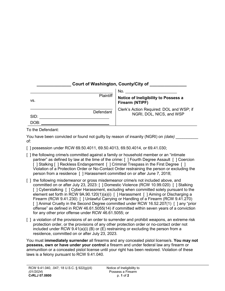Form CrRLJ07.0800 Notice of Ineligibility to Possess a Firearm (Ntipf) - Washington, Page 1