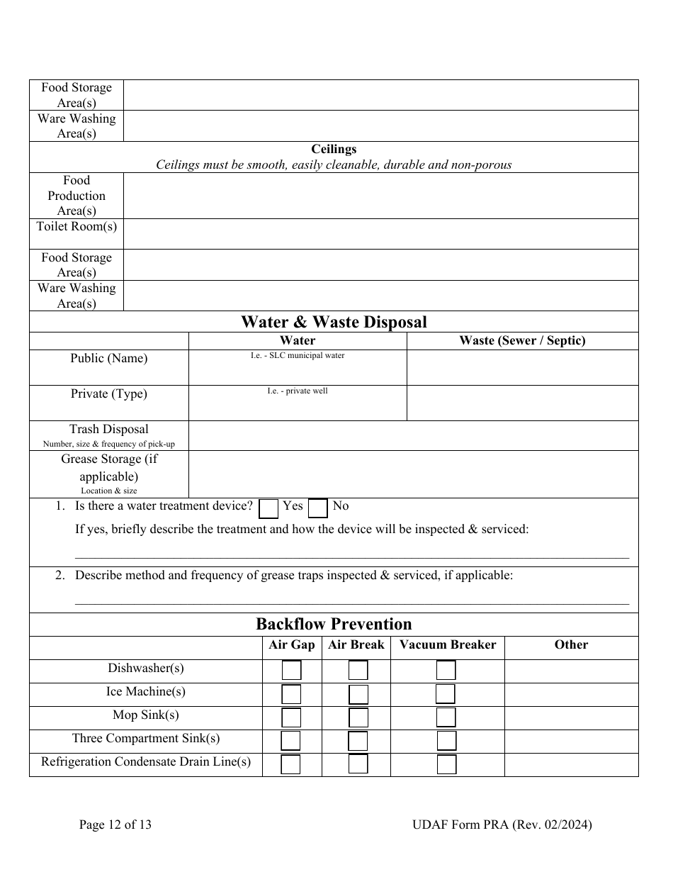 UDAF Form PRA Manufactured Food Establishment Plan Review Application - Utah, Page 12