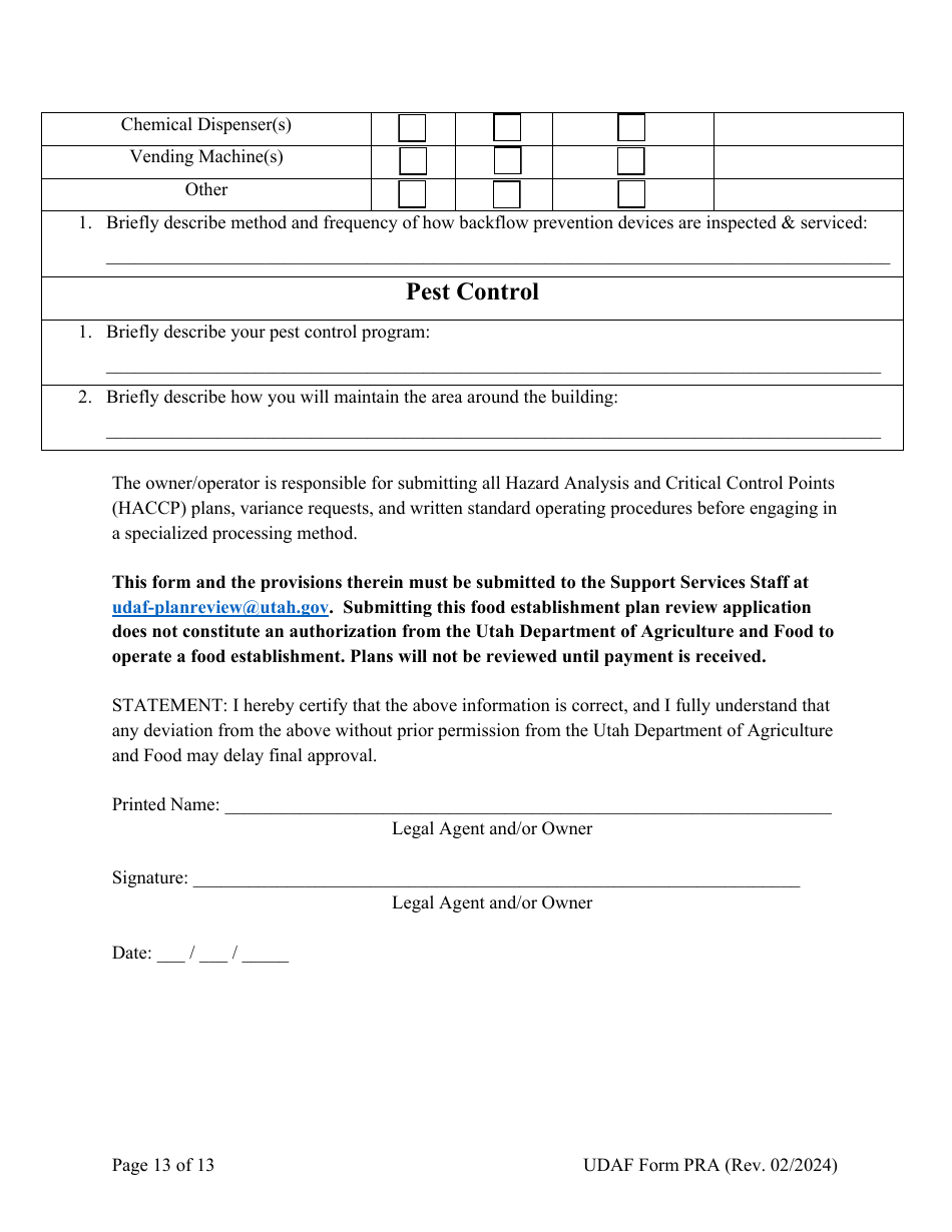 UDAF Form PRA Manufactured Food Establishment Plan Review Application - Utah, Page 13
