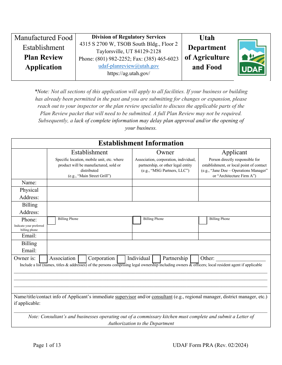 UDAF Form PRA Manufactured Food Establishment Plan Review Application - Utah, Page 1