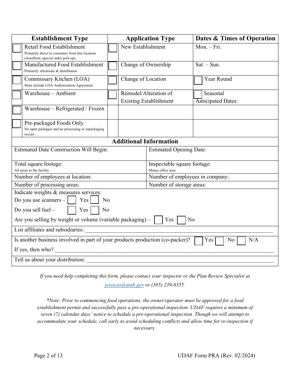 UDAF Form PRA Manufactured Food Establishment Plan Review Application - Utah, Page 2