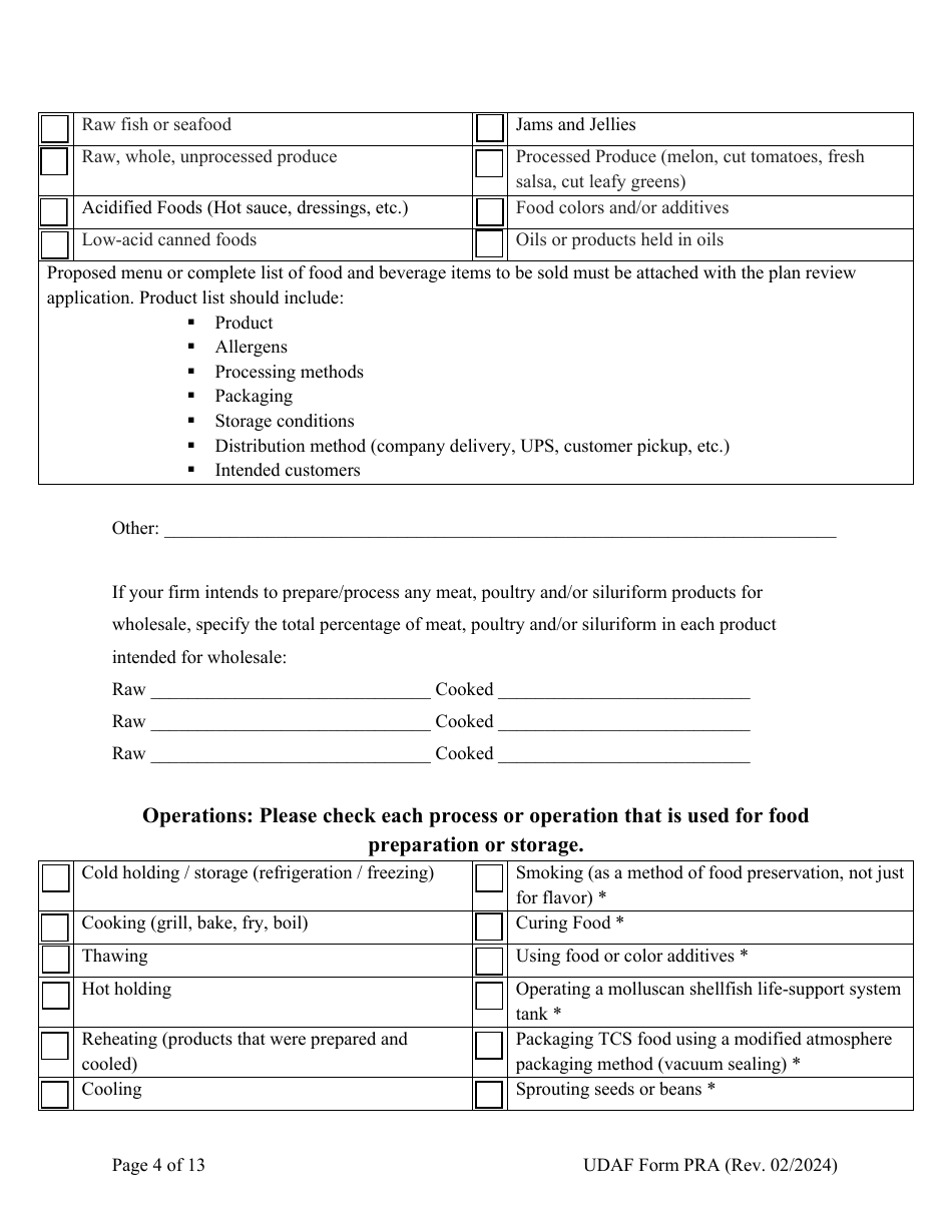 UDAF Form PRA Manufactured Food Establishment Plan Review Application - Utah, Page 4