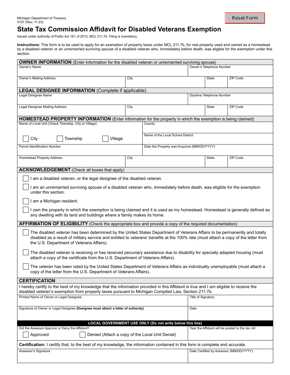 Form 5107 State Tax Commission Affidavit for Disabled Veterans Exemption - Michigan, Page 1