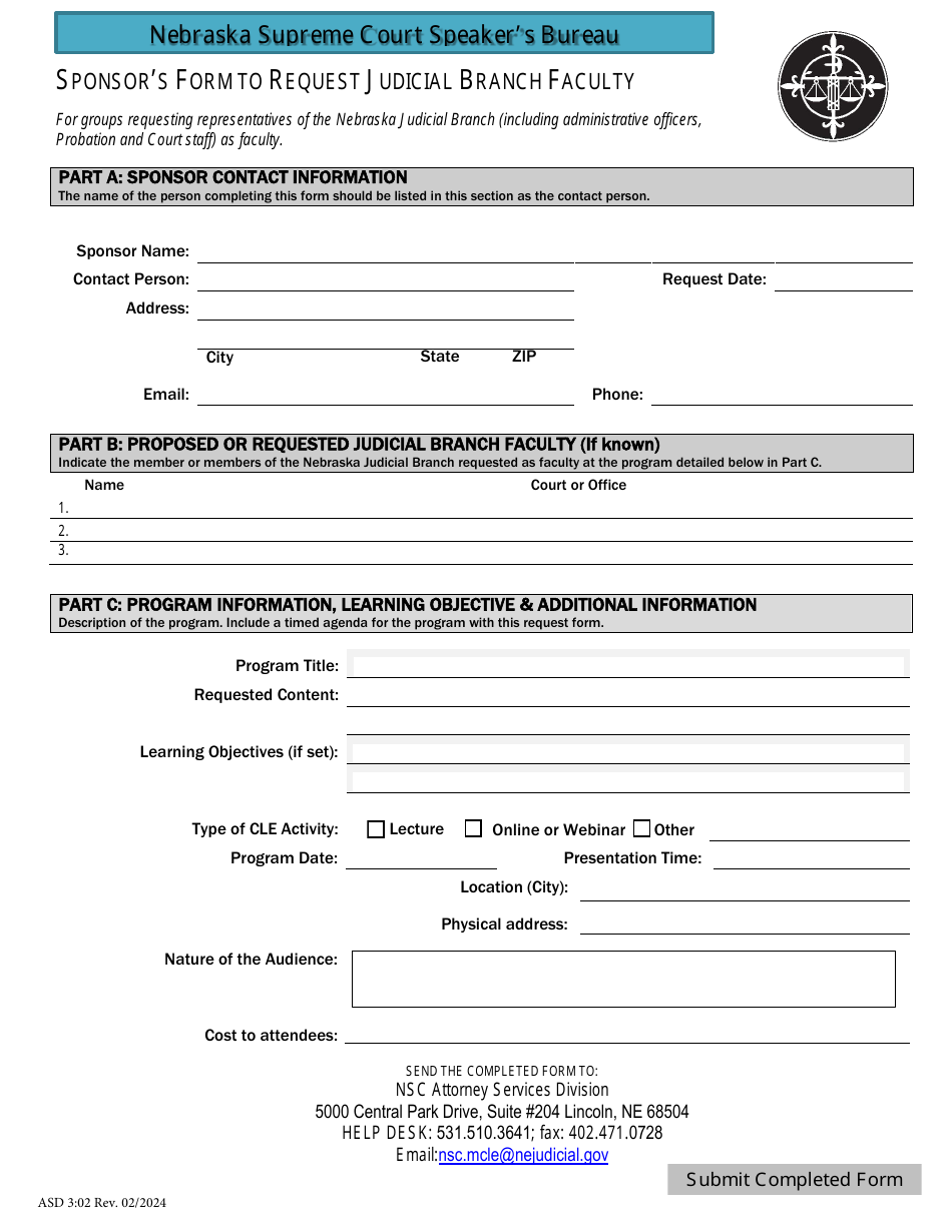 Form ASD3:02 Sponsors Form to Request Judicial Branch Faculty - Nebraska, Page 1