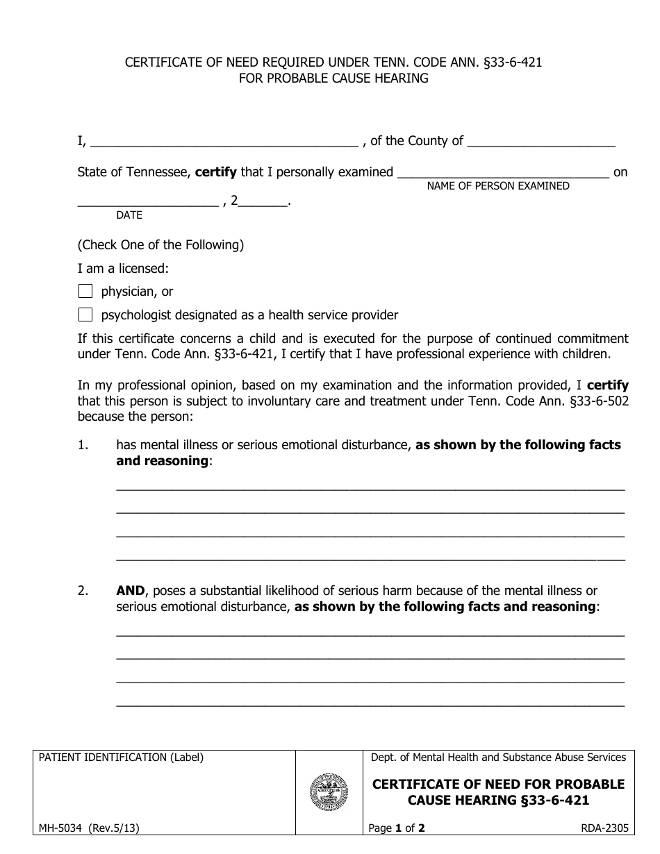 Form MH-5034 Certificate of Need Required Under. Tenn. Code Ann 33-6-421 for Probable Cause Hearing - Tennessee, Page 1