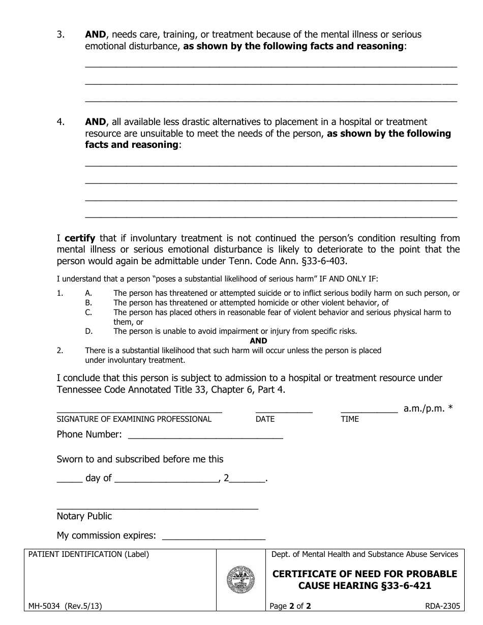 Form MH-5034 Certificate of Need Required Under. Tenn. Code Ann 33-6-421 for Probable Cause Hearing - Tennessee, Page 2