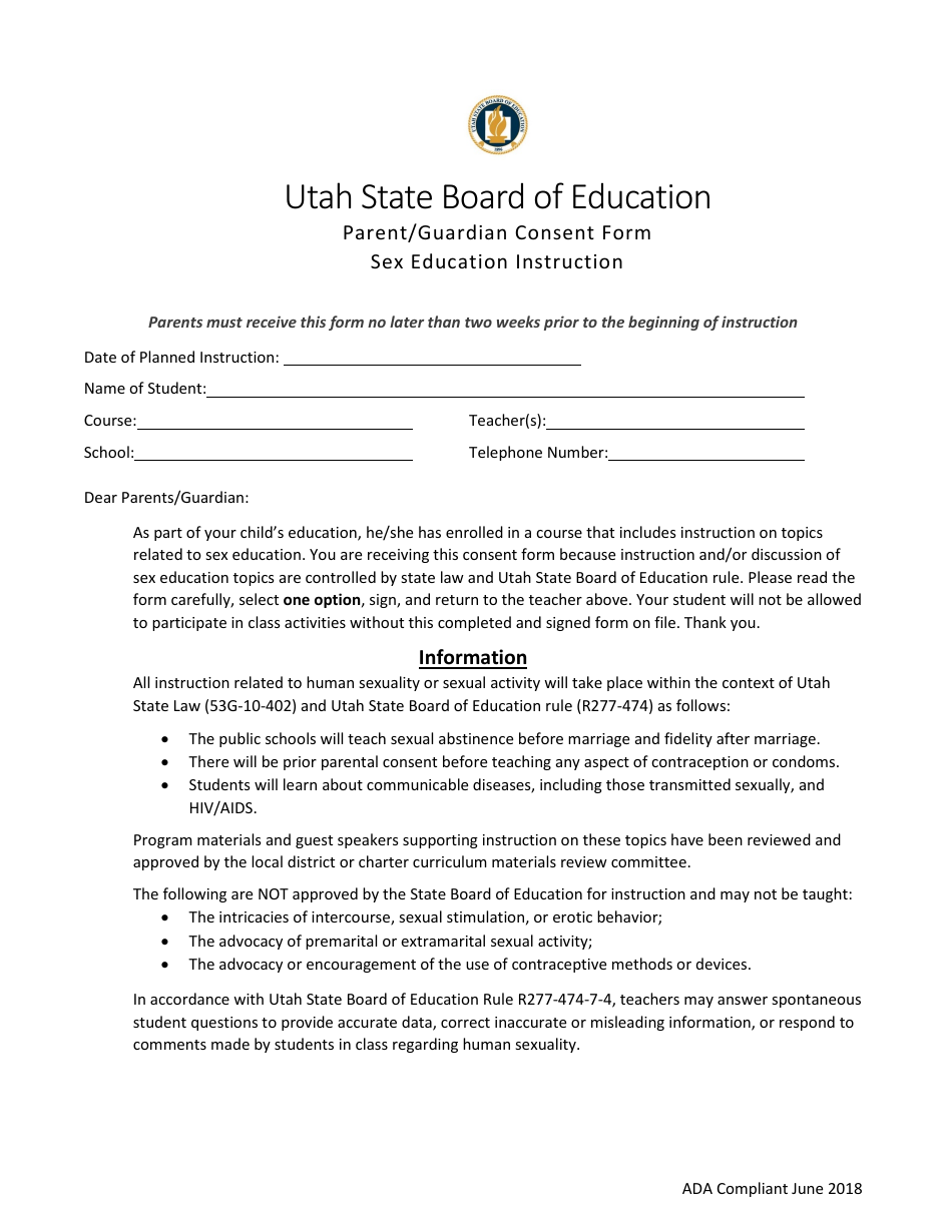Parent / Guardian Consent Form Sex Education Instruction - Utah, Page 1