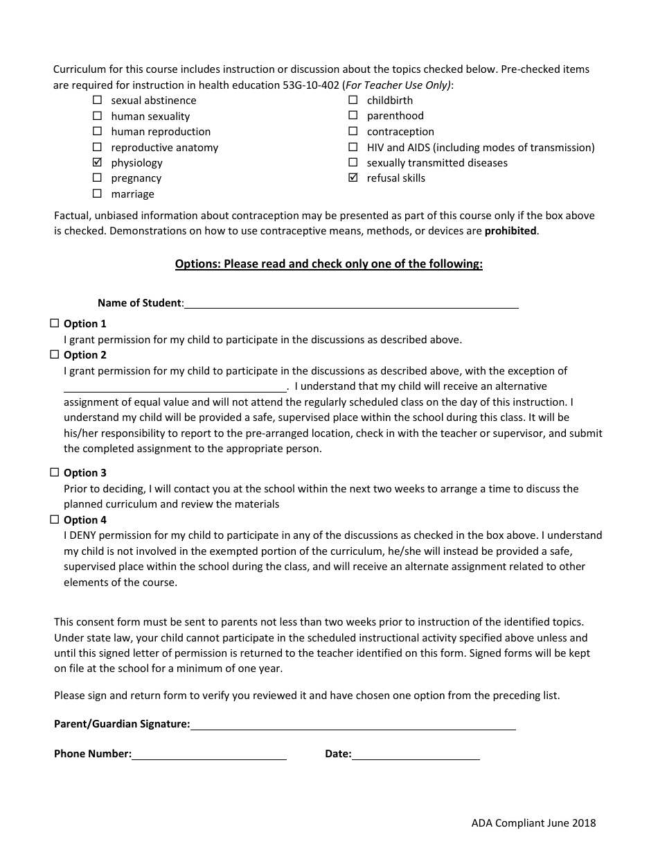Parent / Guardian Consent Form Sex Education Instruction - Utah, Page 2