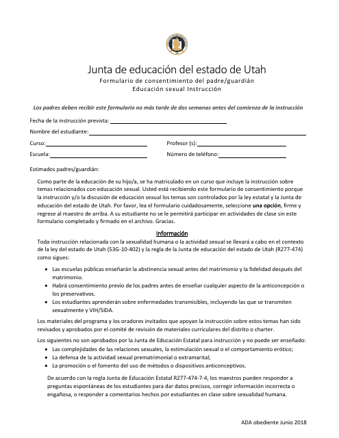 Formulario De Consentimiento Del Padre/Guardian Educacion Sexual Instruccion - Utah (Spanish)