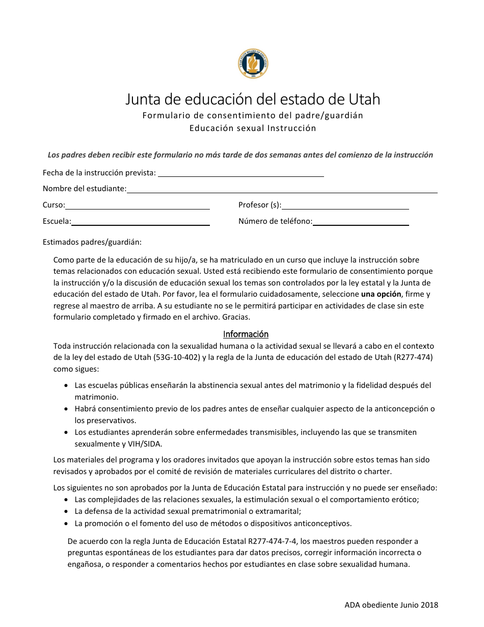 Formulario De Consentimiento Del Padre / Guardian Educacion Sexual Instruccion - Utah (Spanish), Page 1