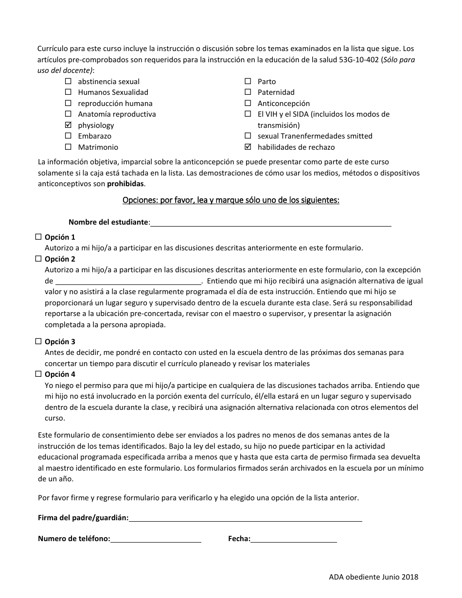 Utah Formulario De Consentimiento Del Padreguardian Educacion Sexual Instruccion Spanish 3803