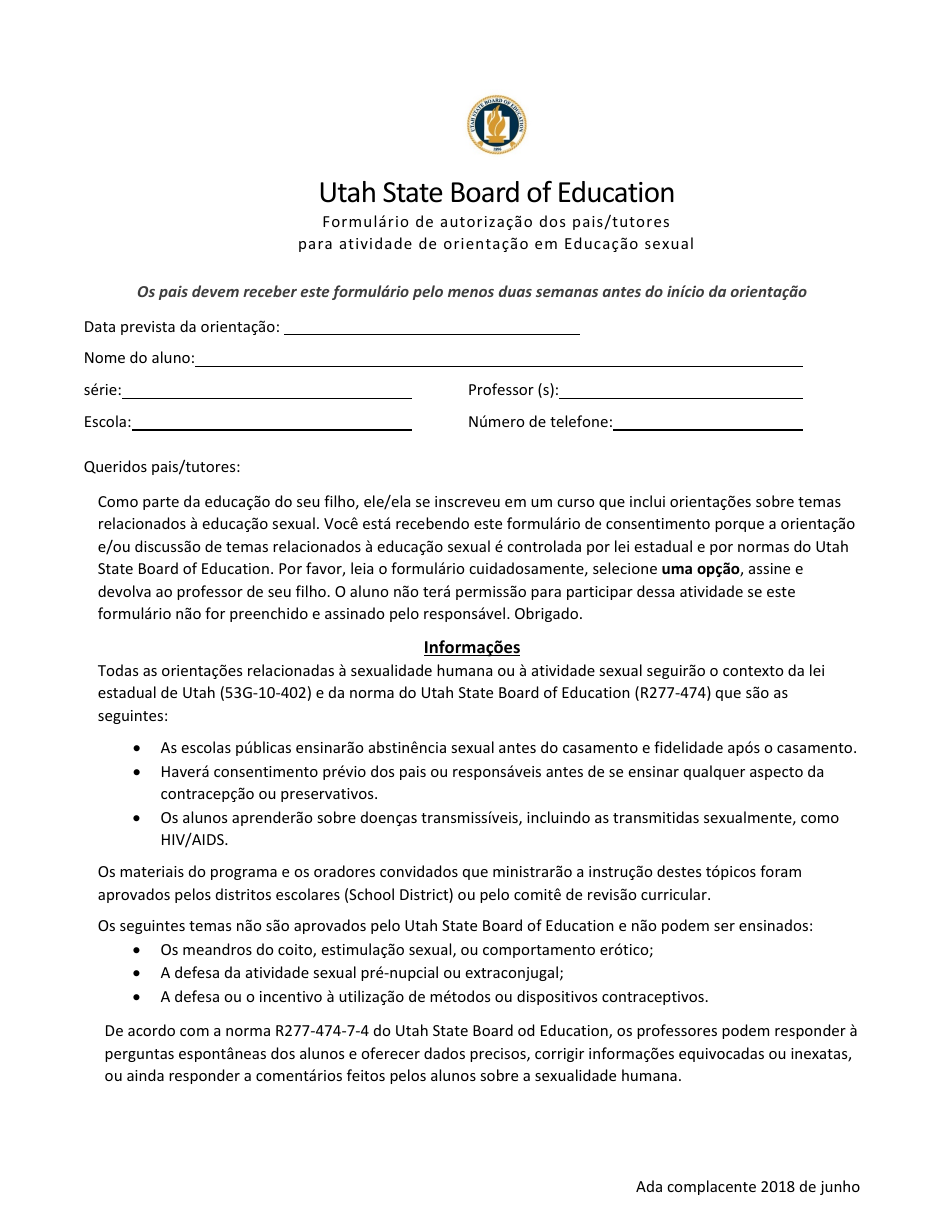 Parent / Guardian Consent Form Sex Education Instruction - Utah (Portuguese), Page 1