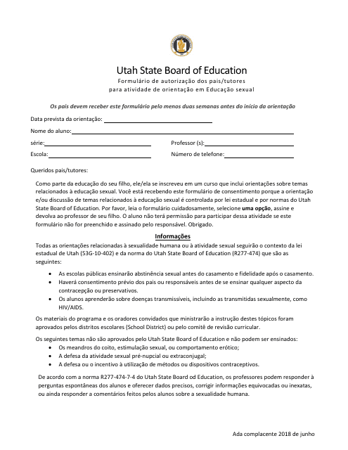Parent/Guardian Consent Form Sex Education Instruction - Utah (Portuguese)