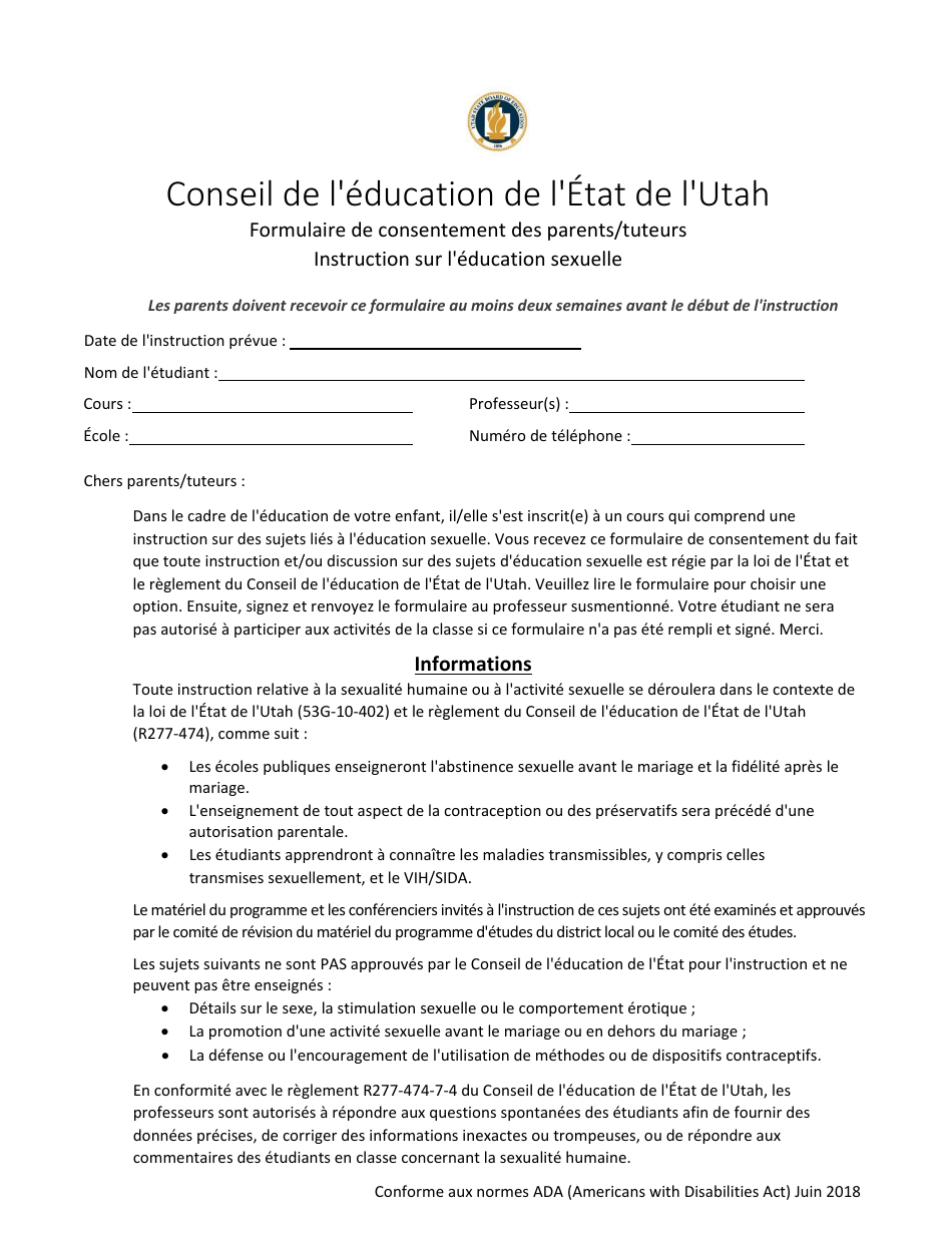 Parent / Guardian Consent Form Sex Education Instruction - Utah (French), Page 1