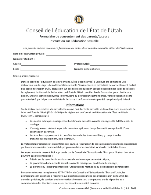 Parent / Guardian Consent Form Sex Education Instruction - Utah (French) Download Pdf
