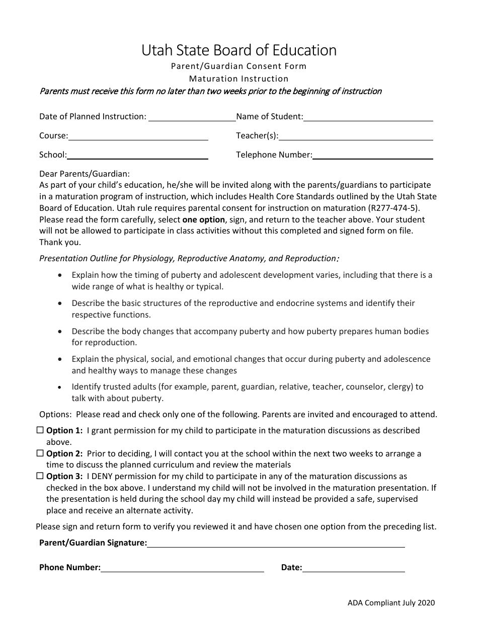 Parent / Guardian Consent Form Maturation Instruction - Utah, Page 1