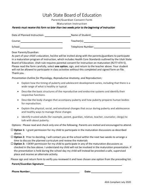 Parent / Guardian Consent Form Maturation Instruction - Utah Download Pdf