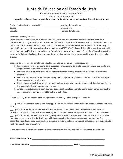 Formulario De Consentimiento Del Padre / Tutor Instruccion De Maduracion - Utah (Spanish) Download Pdf