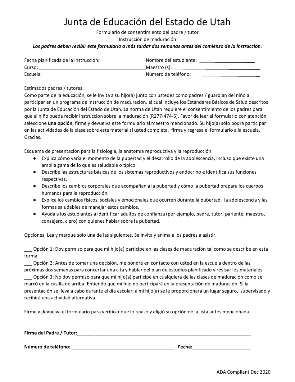 Formulario De Consentimiento Del Padre / Tutor Instruccion De Maduracion - Utah (Spanish), Page 1