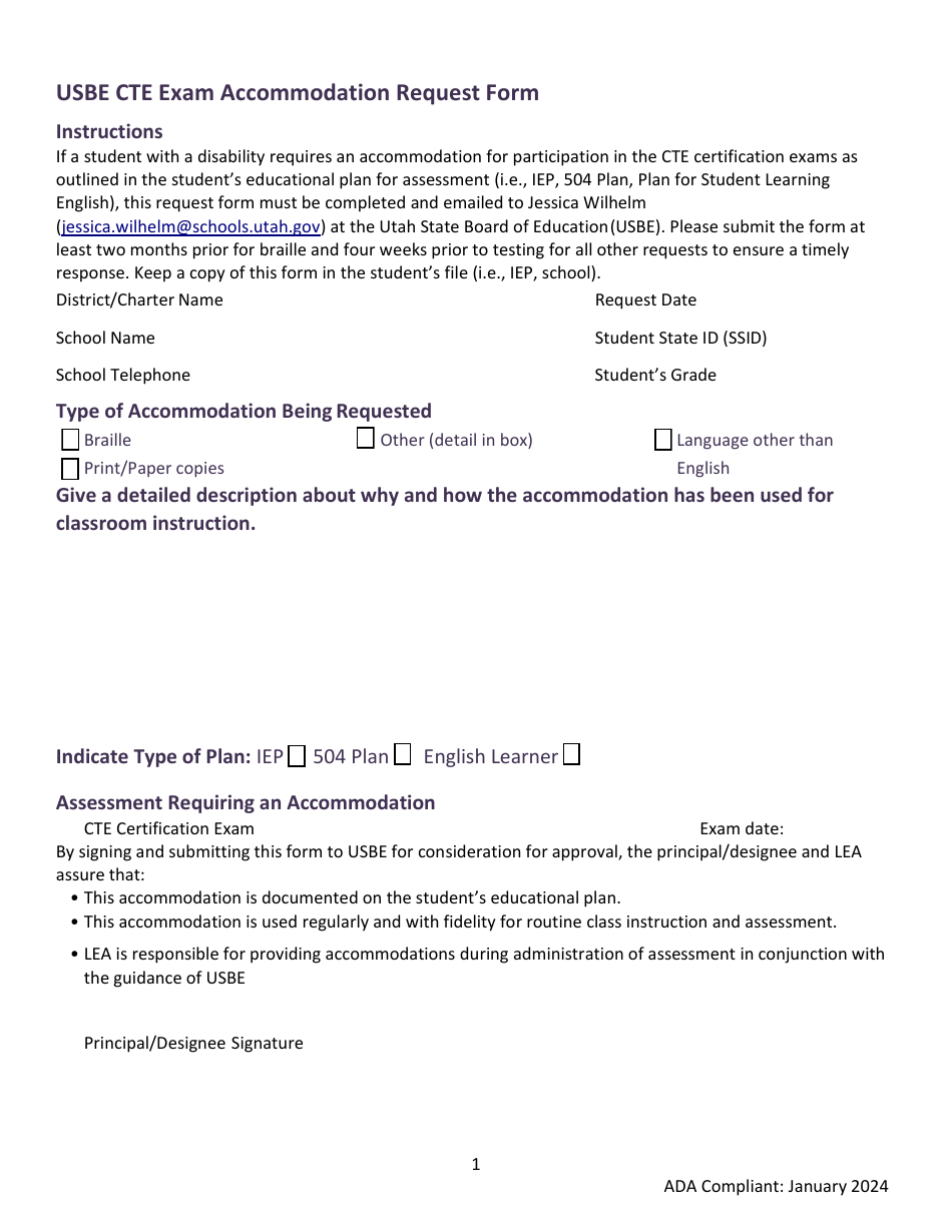 Usbe Cte Exam Accommodation Request Form - Utah, Page 1