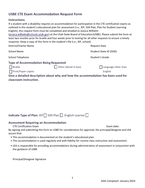 Usbe Cte Exam Accommodation Request Form - Utah Download Pdf