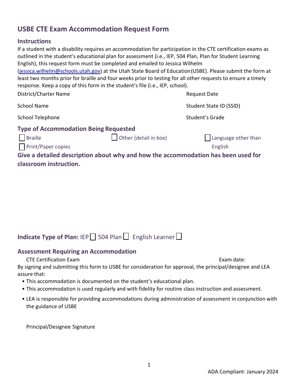 Utah Usbe Cte Exam Accommodation Request Form - Fill Out, Sign Online ...