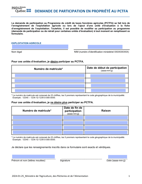 Demande De Participation En Propriete Au Pctfa - Quebec, Canada (French)