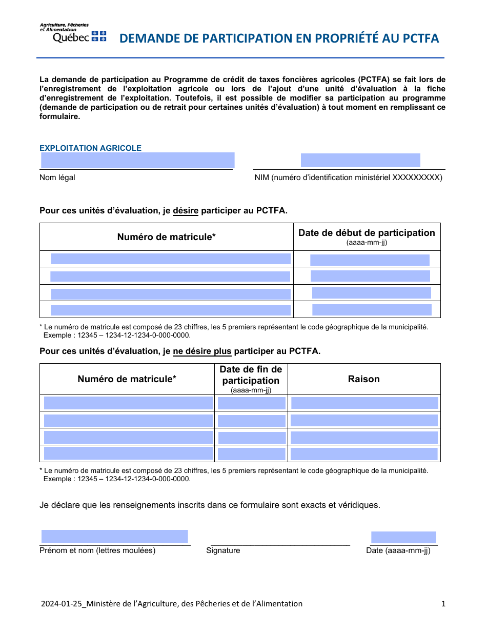 Demande De Participation En Propriete Au Pctfa - Quebec, Canada (French), Page 1