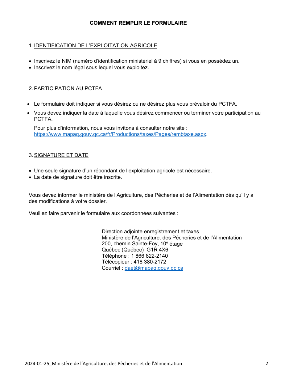 Demande De Participation En Propriete Au Pctfa - Quebec, Canada (French), Page 2