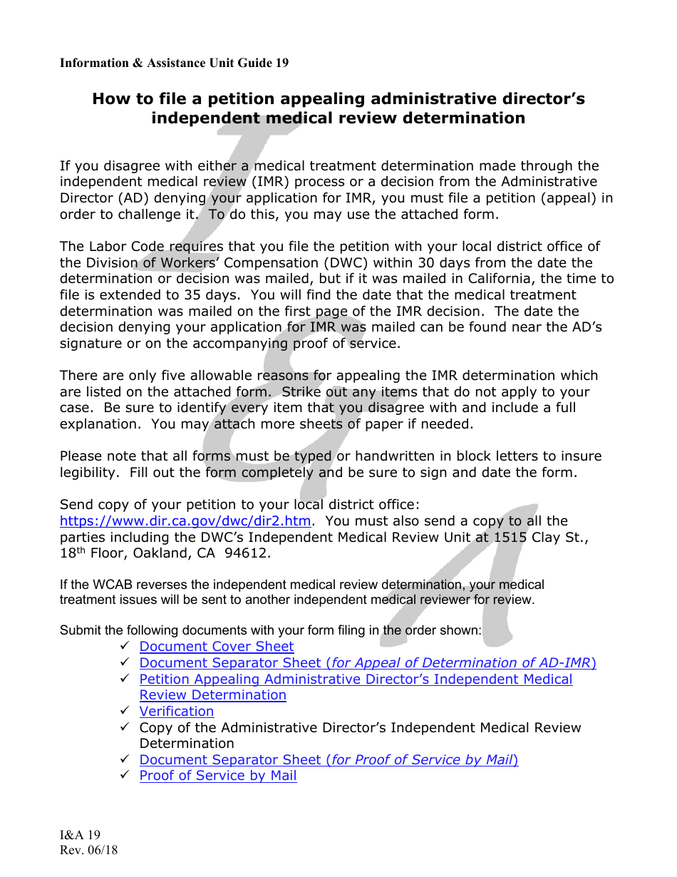 Form IA19 Information and Assistance Unit Guide - How to File a Petition Appealing Administrative Directors Independent Medical Review Determination - California, Page 1
