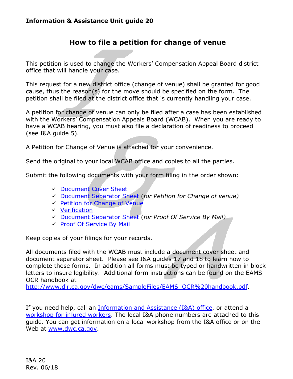 Form IA20 Information and Assistance Unit Guide - How to File a Petition for Change of Venue - California, Page 1