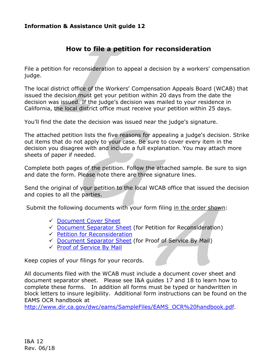 Form IA12 Information and Assistance Unit Guide - How to File a Petition for Reconsideration - California, Page 1