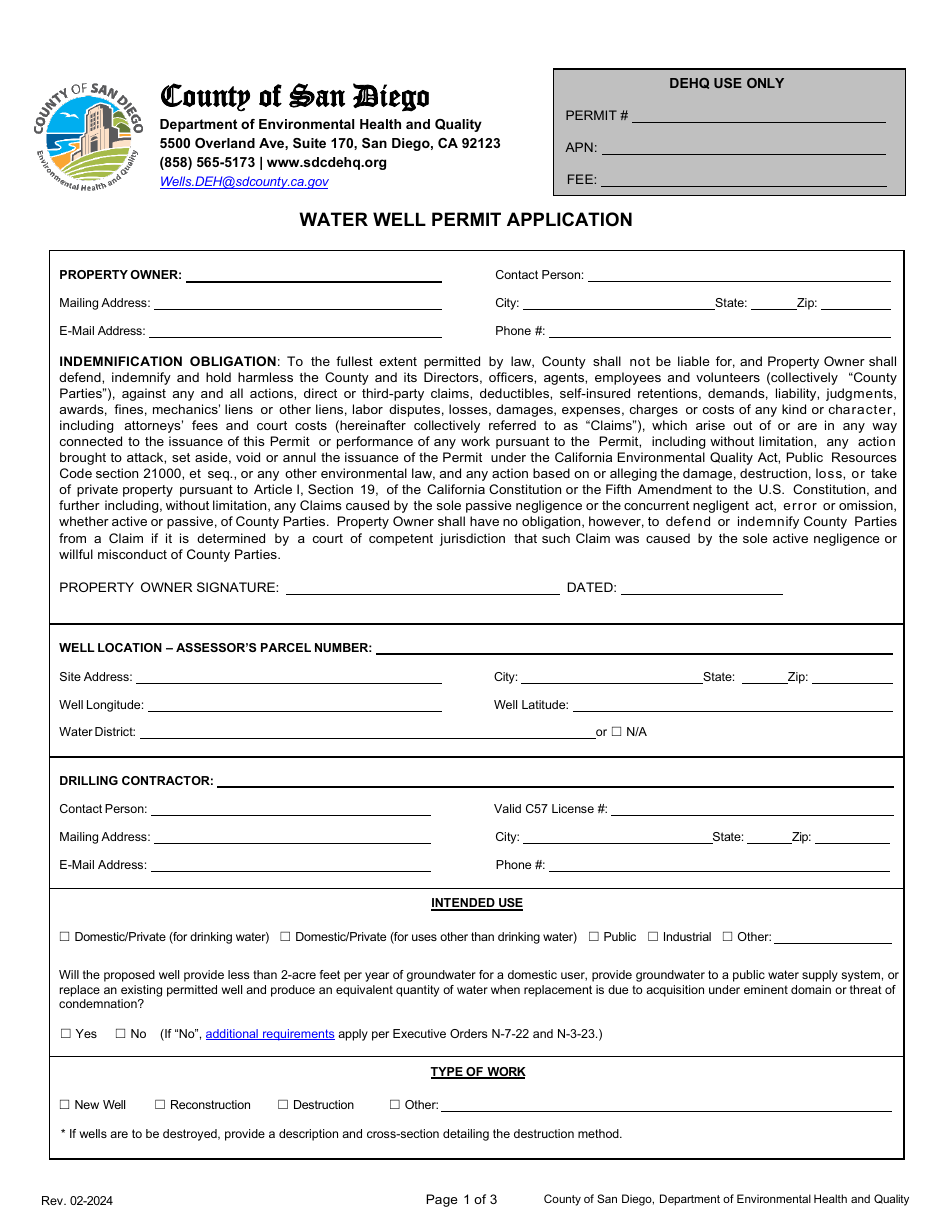 Water Well Permit Application - County of San Diego, California, Page 1