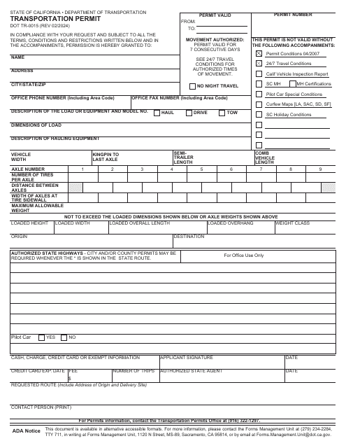 Form DOT TR-0015  Printable Pdf