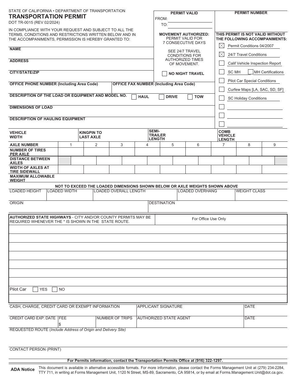 Form DOT TR-0015 Transportation Permit - California, Page 1