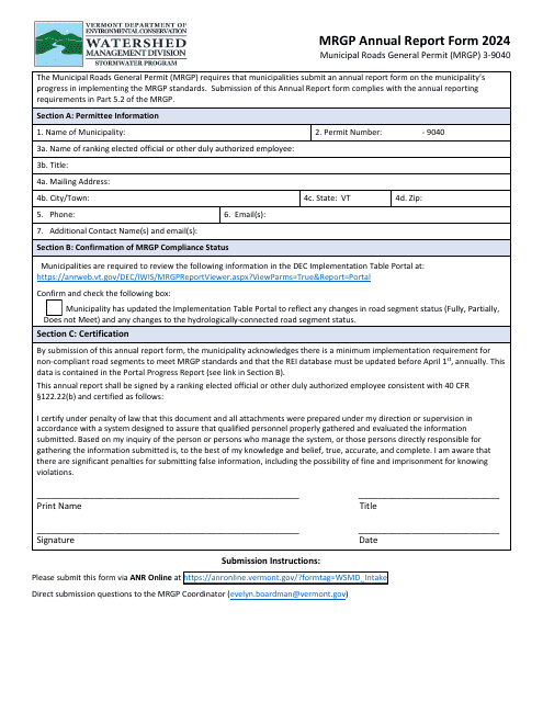 Mrgp Annual Report Form - Vermont Download Pdf