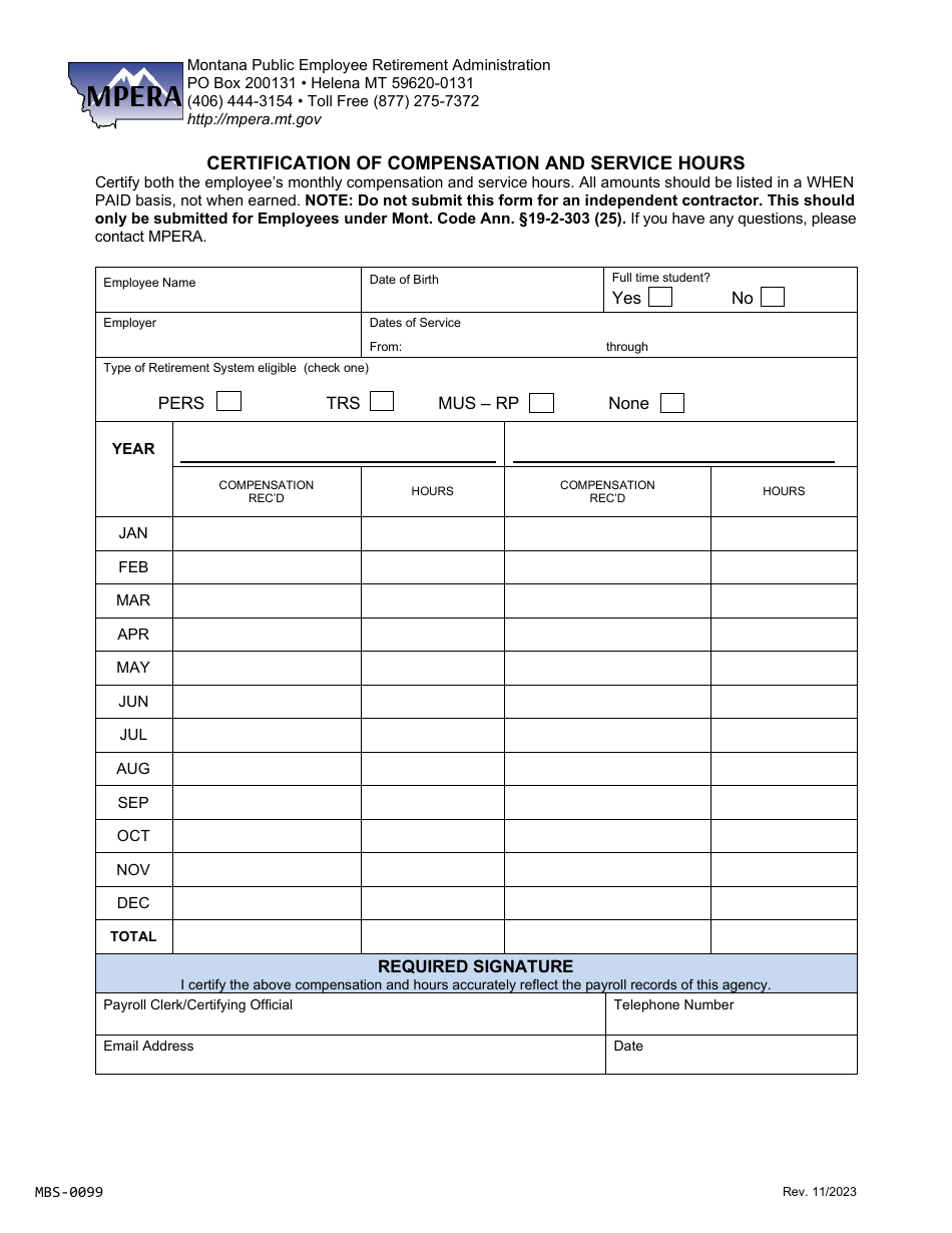 Form MBS-0009 Certification of Compensation and Service Hours - Montana, Page 1