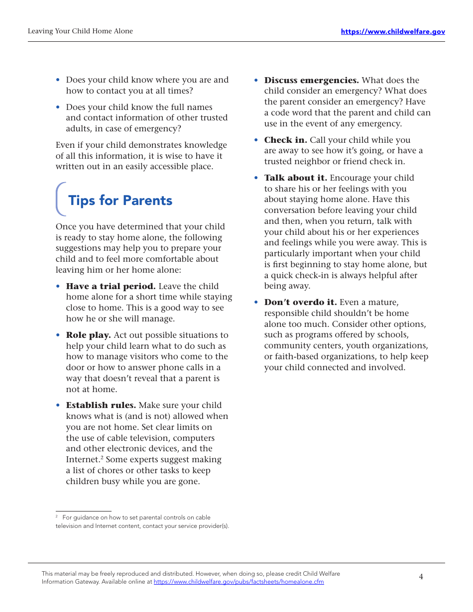 Leaving Your Child Home Alone - Factsheet for Families, Page 4
