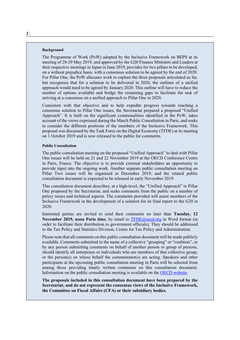 Oecd Public Consultation Document: Secretariat Proposal for a unified Approach Under Pillar One - 9 October 2019 - 12 November 2019, Page 5
